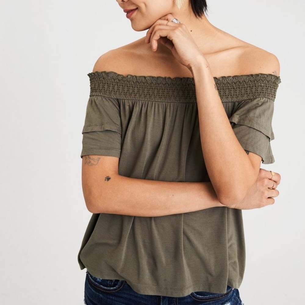 Olive Ruffle Sleeve Off the Shoulder Top
